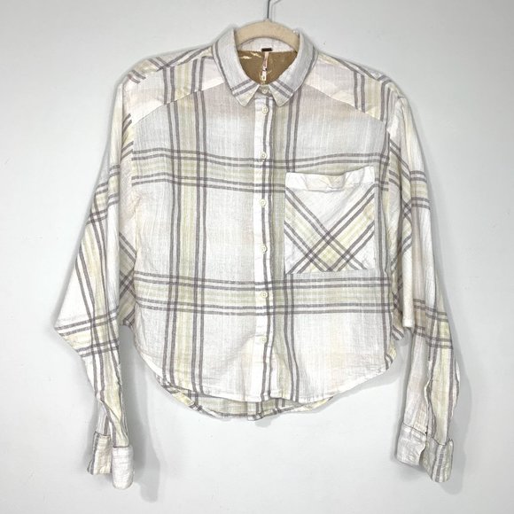 FREE PEOPLE Cutie Ivory Plaid Batwing Button Front Shirt Sz S - Picture 4 of 10